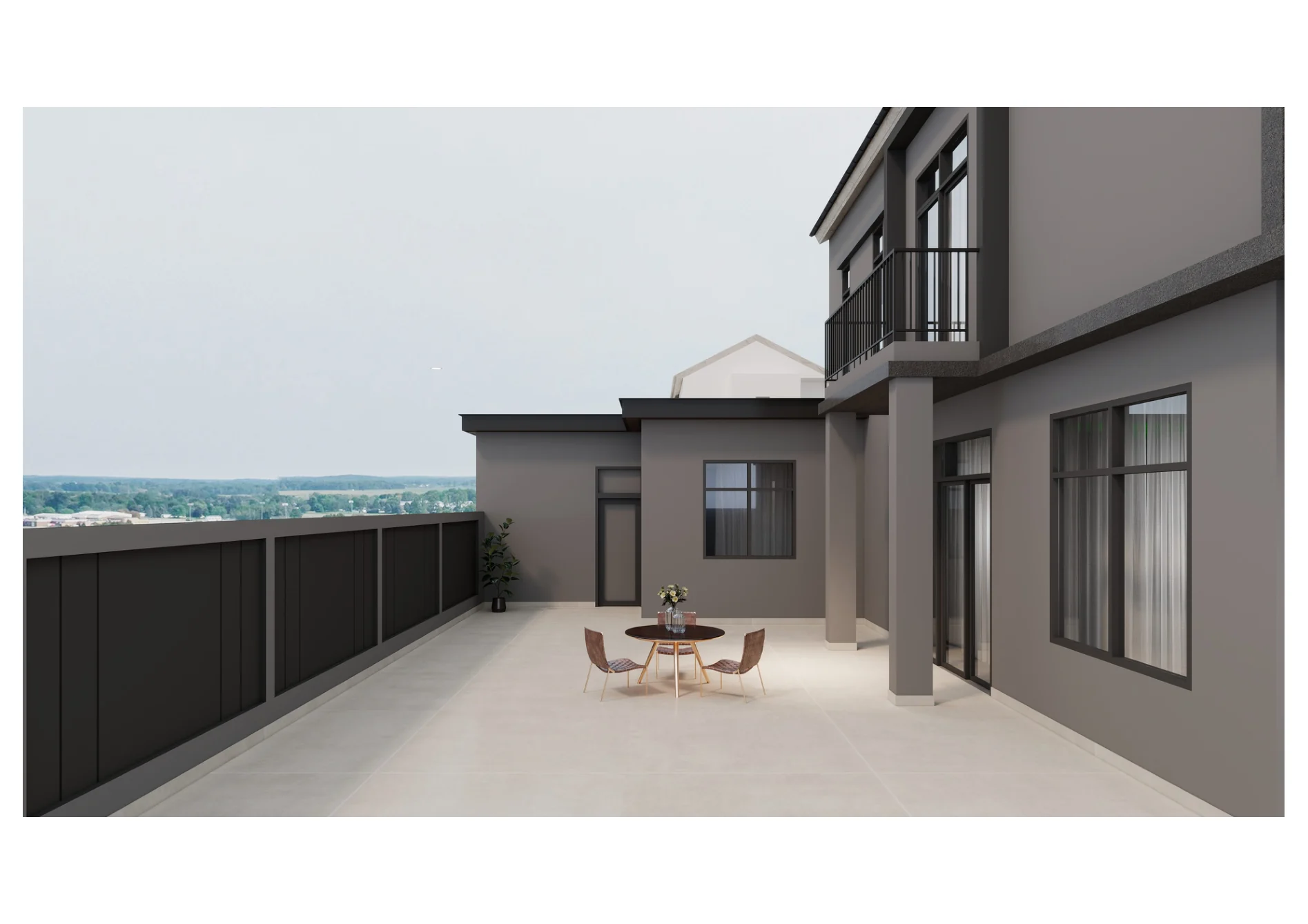 April Exterior Study — terrace and outdoor dining space