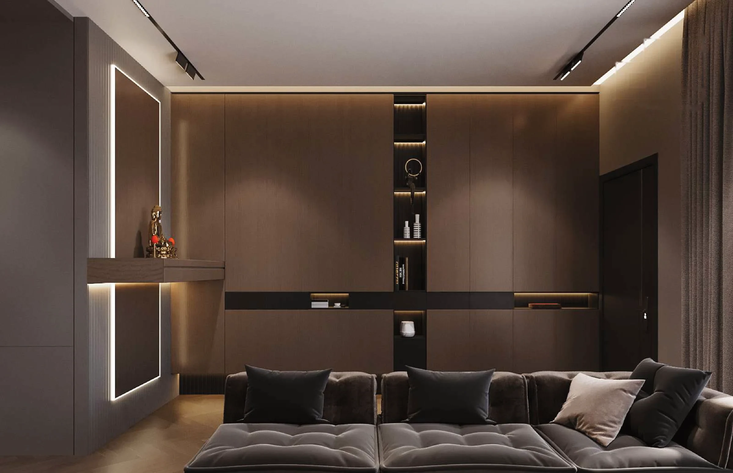 Aurora Sentral — living room display wall and sectional seating