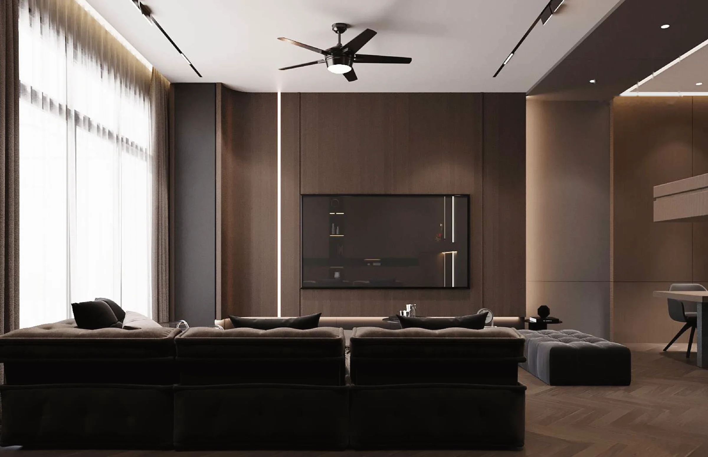 Aurora Sentral — living room media wall and window