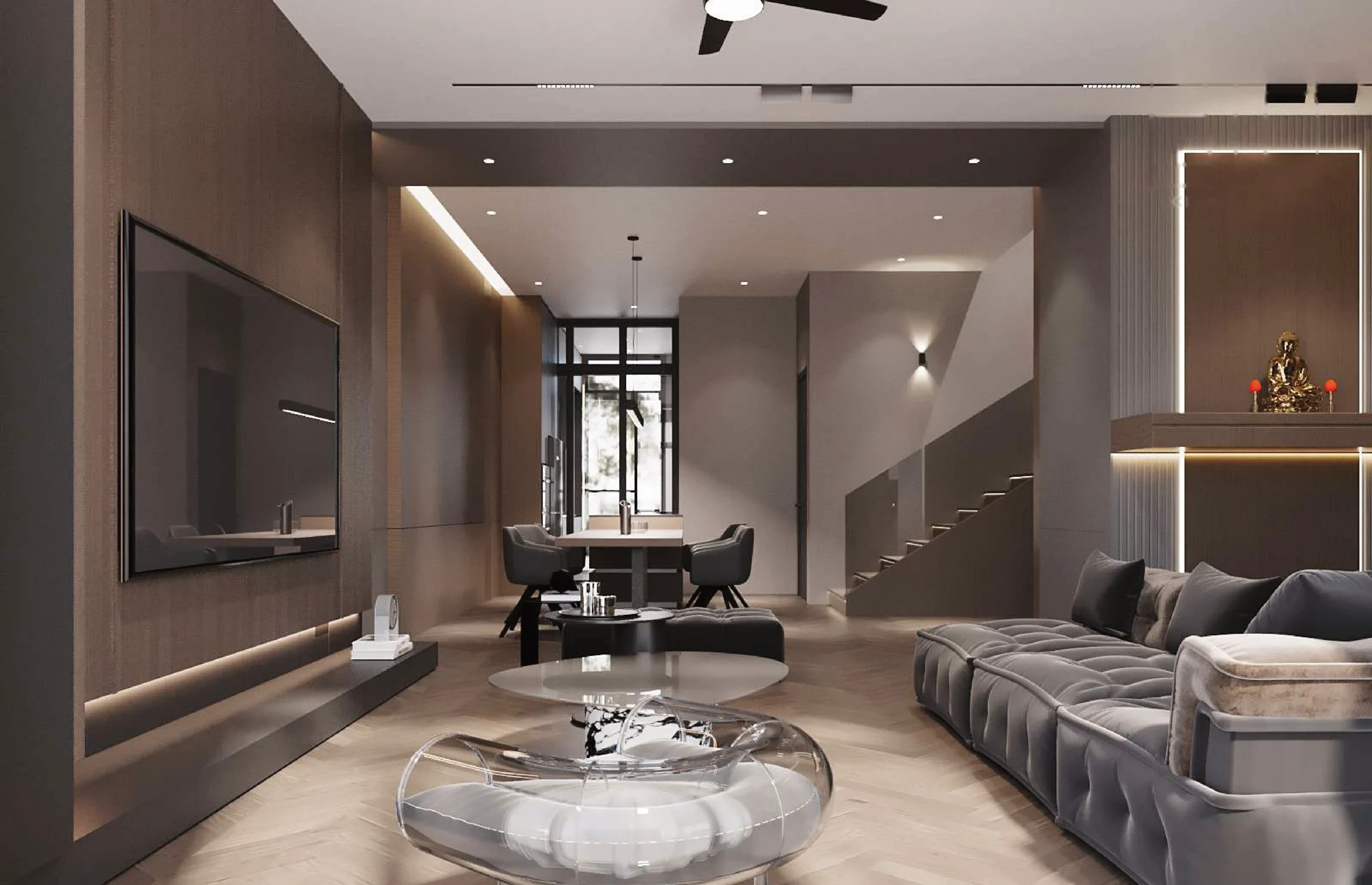 Aurora Sentral — open-plan living, dining, and staircase