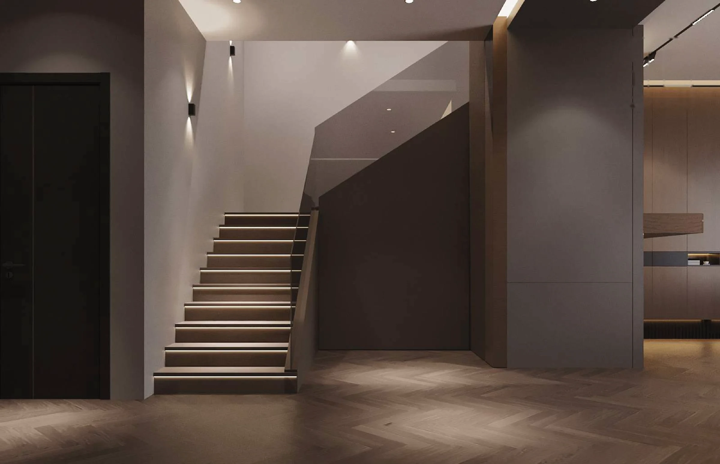 Aurora Sentral — illuminated staircase and hallway