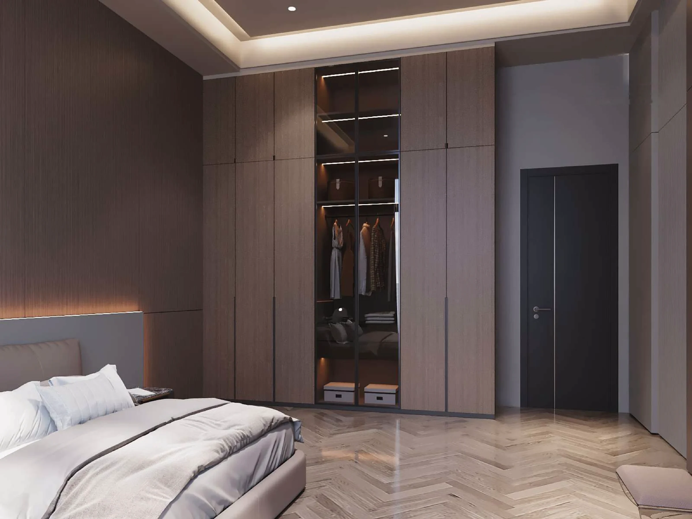 Aurora Sentral — primary bedroom wardrobe and display cabinetry