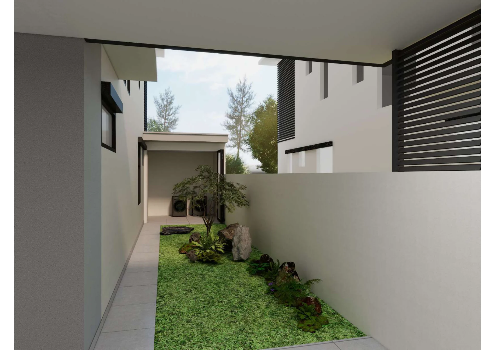 Residence 22 — side garden, louvers, and material detail